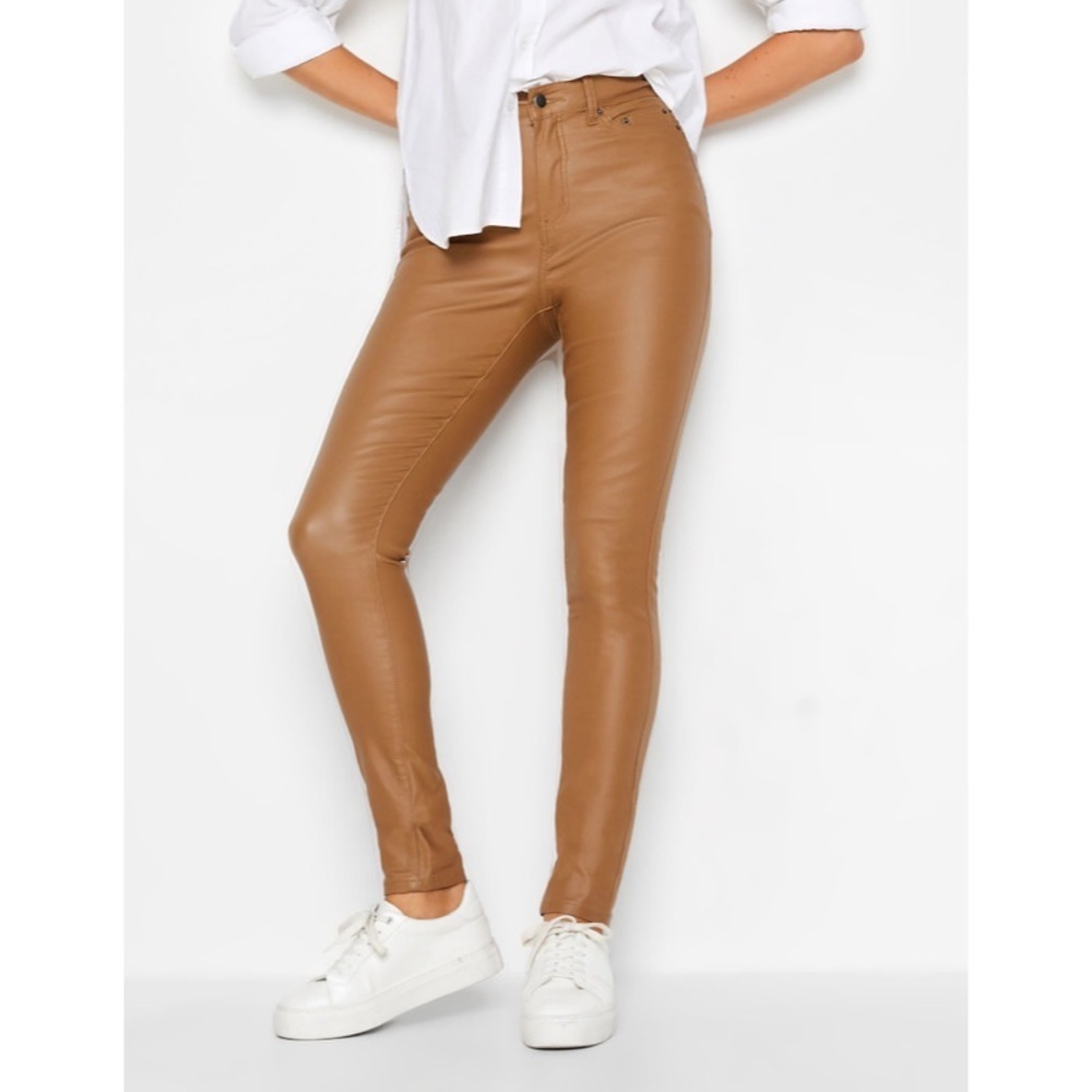 Coated High Rise Ankle Skinny Pants In Camel